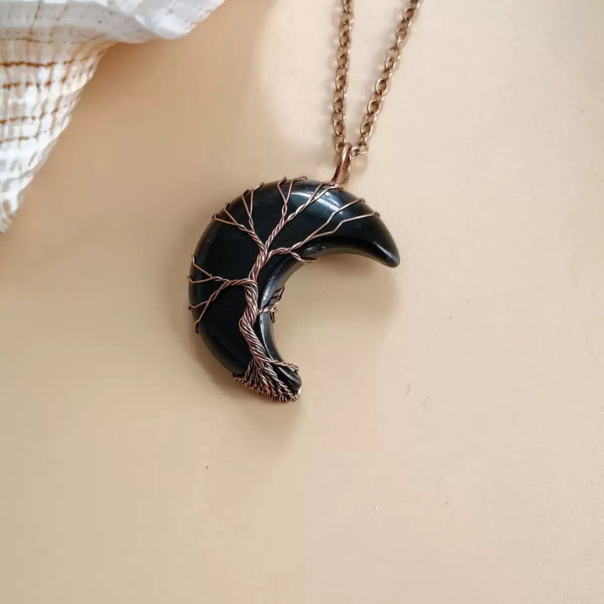 Wear Calm, Attract Wealth: Antique Copper Tree of Life Moon Crystal Necklace