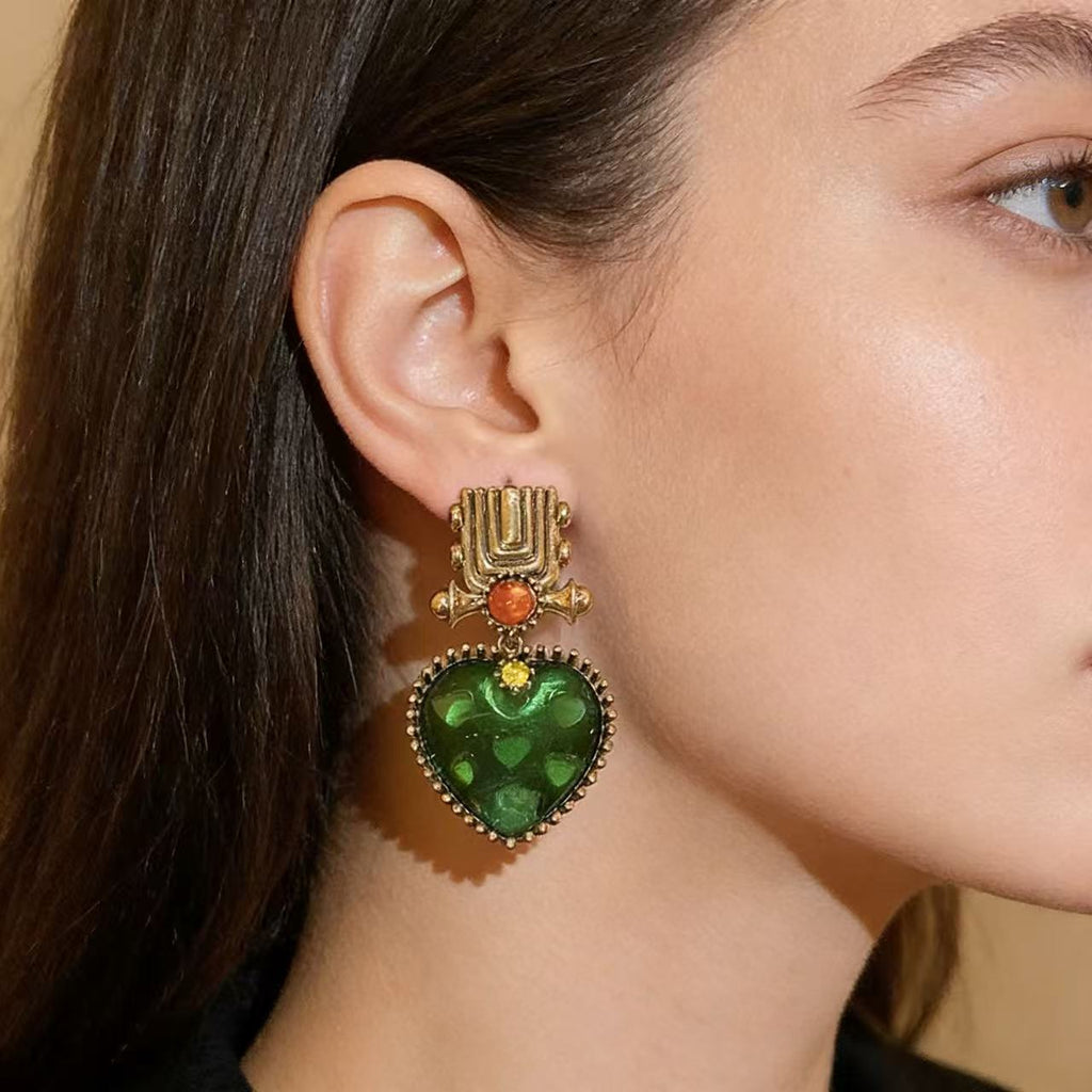 Heart-shaped Emerald Earrings • Bold Minimalist Chic