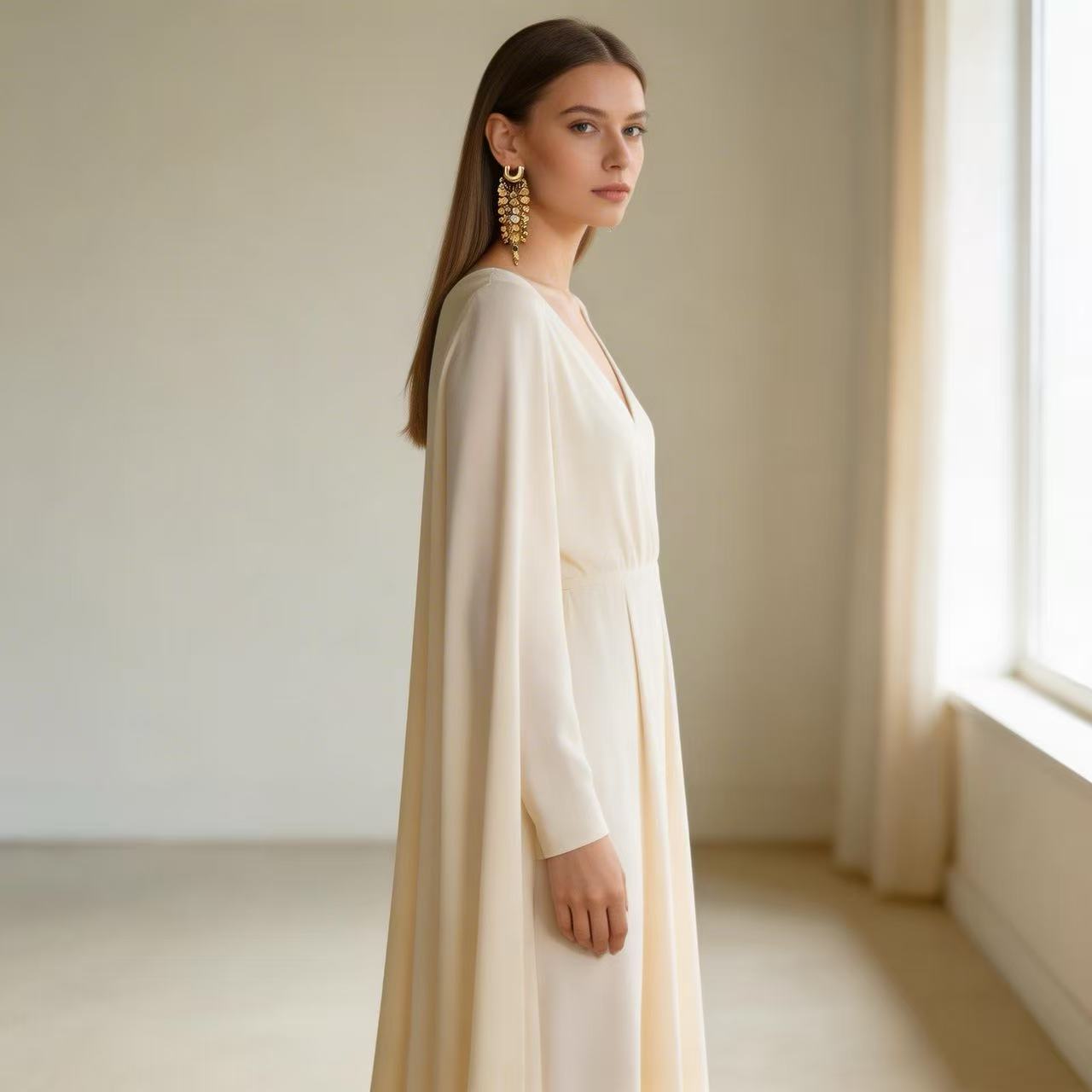 Shimmering gold meets an ivory gown, every turn bathed in spotlight