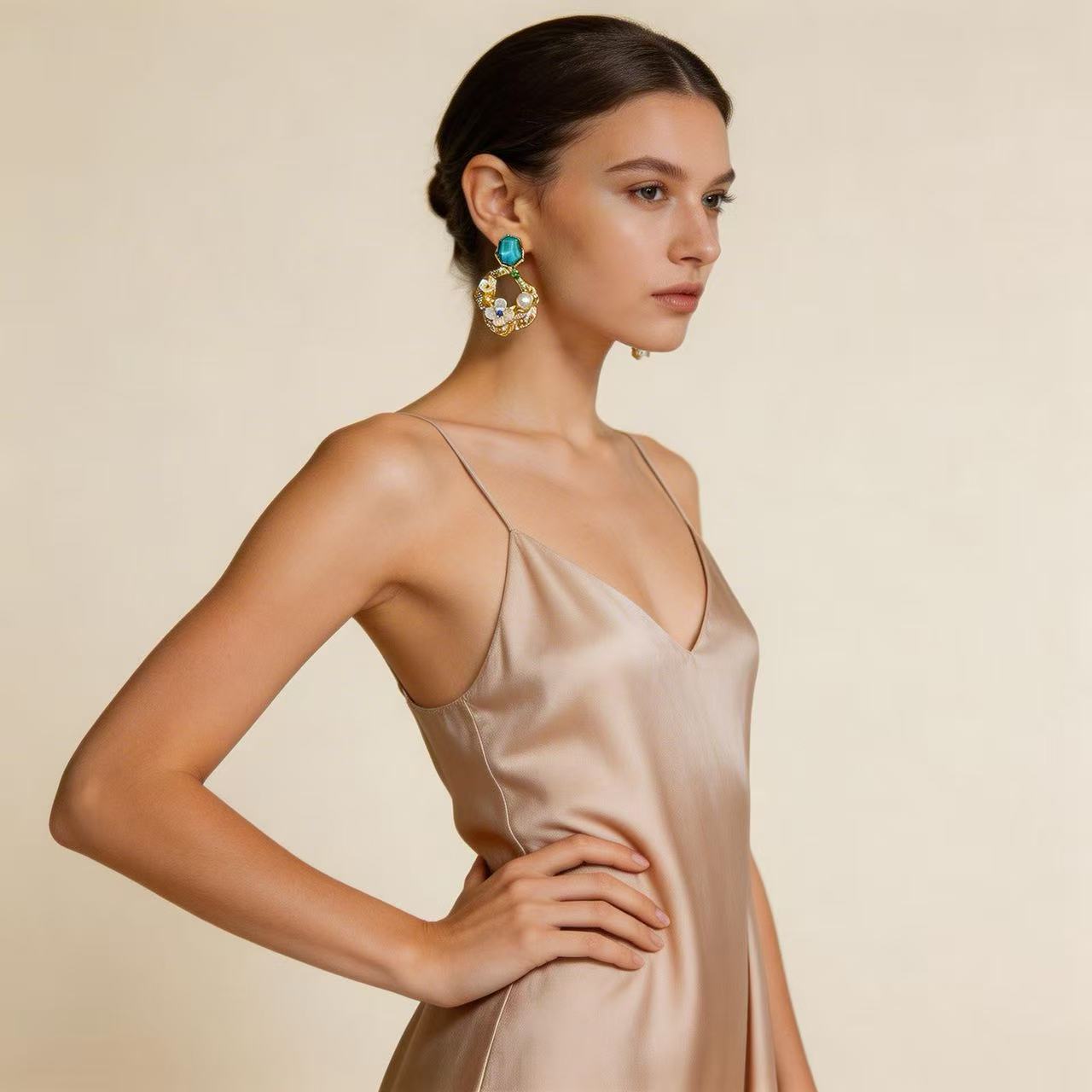 Champagne Satin Elegance, Gemstone Radiance Unveiled