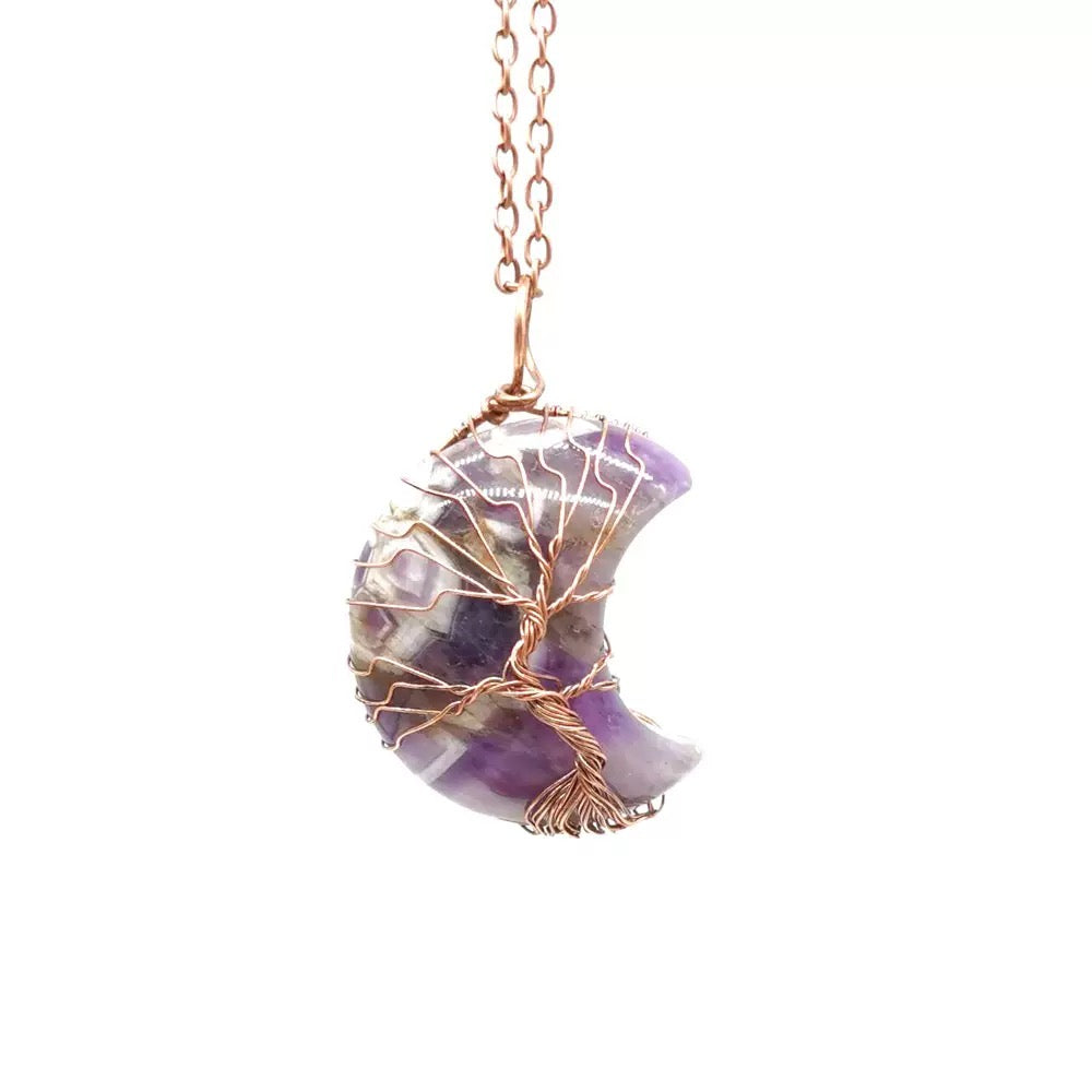 Wear Calm, Attract Wealth: Antique Copper Tree of Life Moon Crystal Necklace