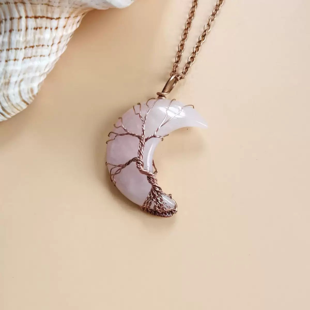Wear Calm, Attract Wealth: Antique Copper Tree of Life Moon Crystal Necklace