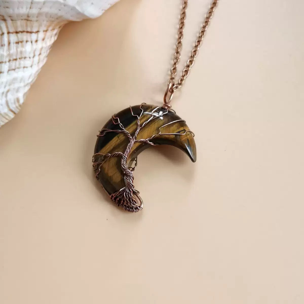 Wear Calm, Attract Wealth: Antique Copper Tree of Life Moon Crystal Necklace