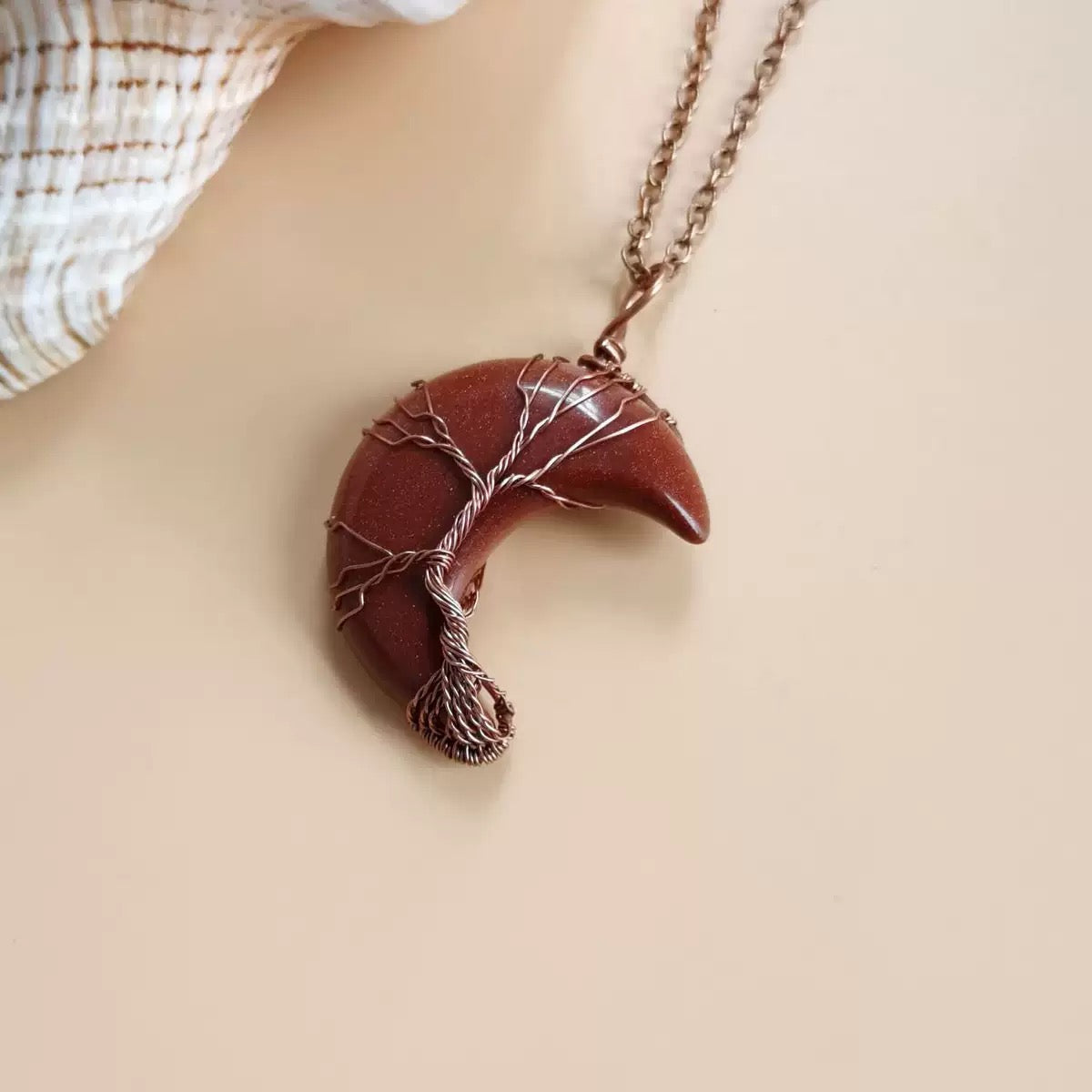 Wear Calm, Attract Wealth: Antique Copper Tree of Life Moon Crystal Necklace