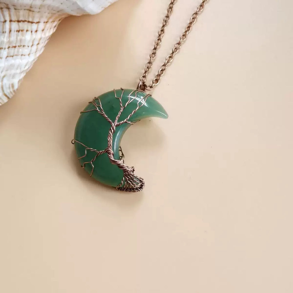 Wear Calm, Attract Wealth: Antique Copper Tree of Life Moon Crystal Necklace