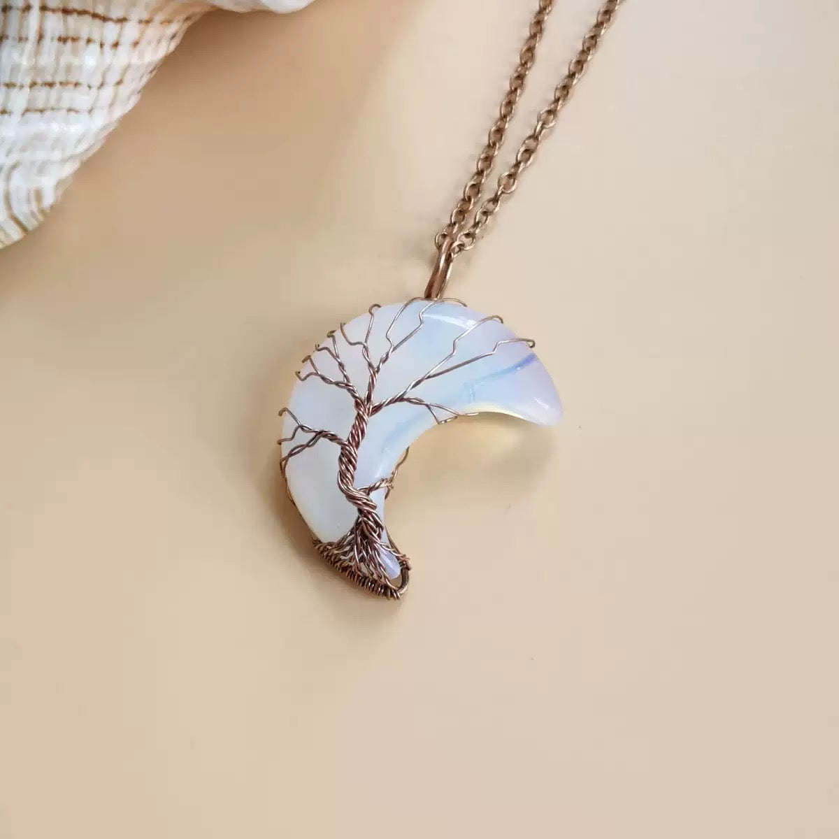 Wear Calm, Attract Wealth: Antique Copper Tree of Life Moon Crystal Necklace