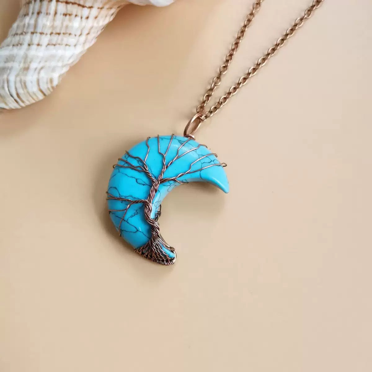 Wear Calm, Attract Wealth: Antique Copper Tree of Life Moon Crystal Necklace